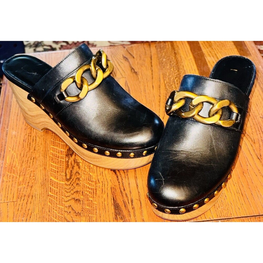 MICHAEL KORS Scarlett Black Embellished Leather Platform Wood Clog Sz 9M